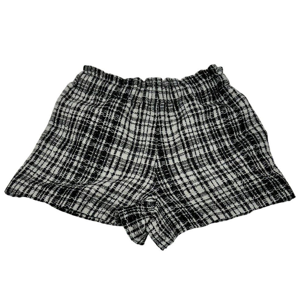 Zara Basic Womens Black White Tweed Plaid Shorts Elastic‎ Waist Pockets Size M